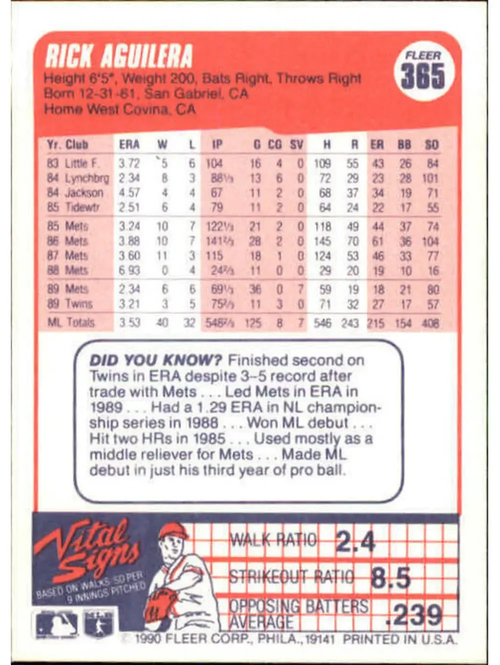 1990 Rick Aguilera Fleer Baseball Card #365